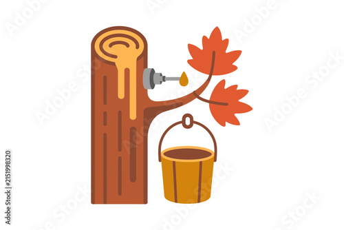 Maple syrup production process showing wooden tap and bucket on log for traditional forest harvesting and natural sweetener manufacturing educational illustrations.