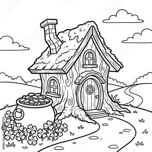 Whimsical fairy house with pot of gold and shamrocks
