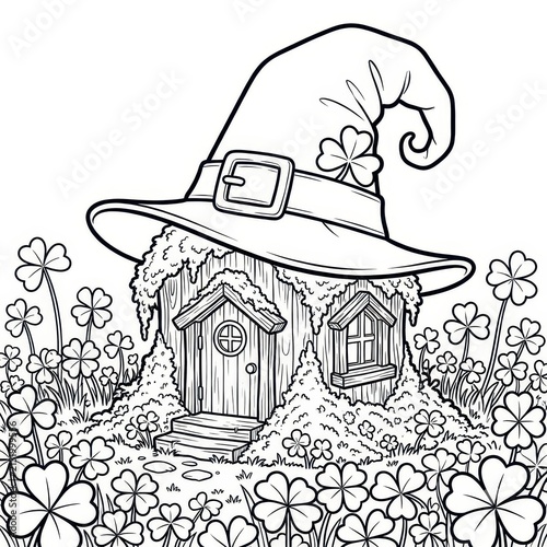Whimsical gnome house wearing a witch hat in clover field
