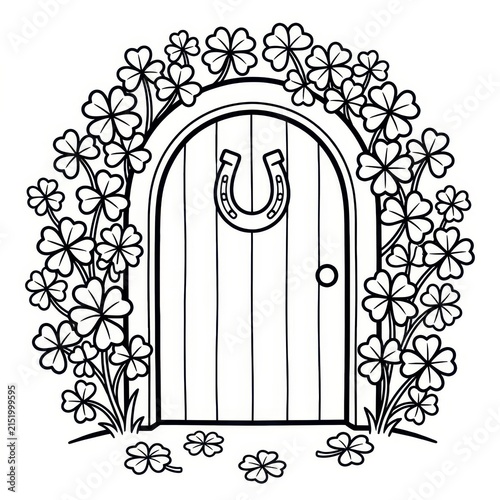 Lucky St Patrick's Day door with clover and horseshoe