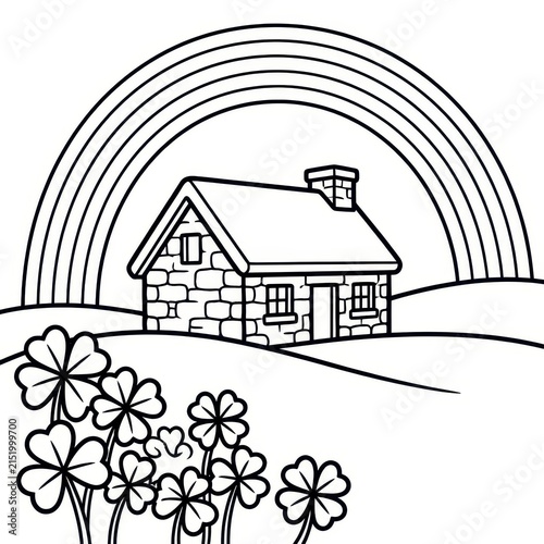Stone cottage with rainbow and shamrocks