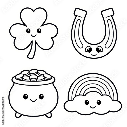 Cute Saint Patricks Day symbols outline cartoon kawaii
