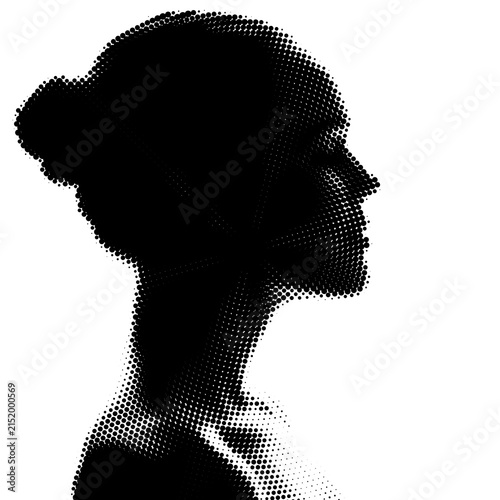 Stylized vector illustration of a human face profile silhouette created with black halftone dots arranged in a precise gradient pattern against a clean white background for modern minimalist graphic 