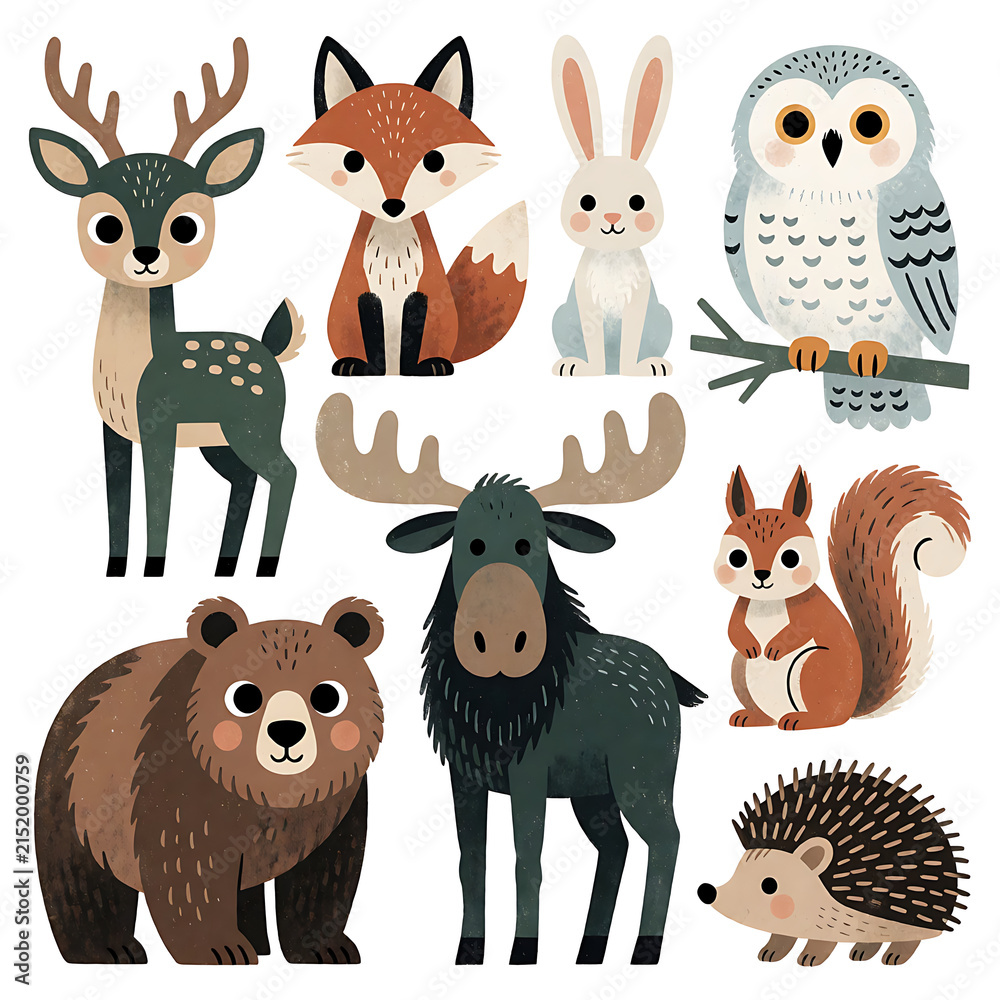 Naklejka premium Set of illustrations of forest animals in flat style: bear, deer, fox, moose, hare, owl, squirrel and hedgehog