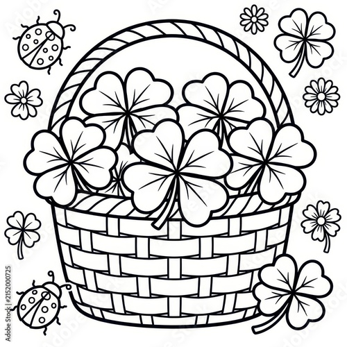 Coloring page basket of shamrocks and ladybugs