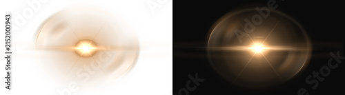 PNG image of Golden glowing lens flare effect with circular light rings and bright sun rays rendered in high detail on transparent background
