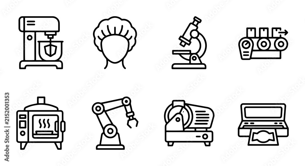 Fototapeta premium Industrial Equipment Icons: Mixer, Oven, Robot Arm, Slicer, Printer, Microscope, Conveyor
