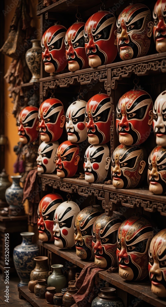 Fototapeta premium Traditional kabuki and theater masks displayed on wooden shelves in antique shop, rows of painted ceramic faces conveying cultural heritage and dramatic expression