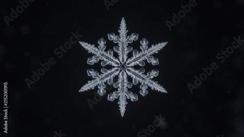 illuminated snowflake against dark background, elegant and serene winter scene with white and black colors, close-up view of ice crystal, natural light highlights intricate details, perfect.