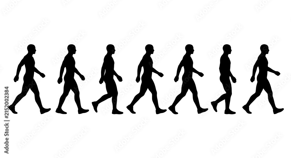 Obraz premium Silhouette Walking Man Animation Sequence, Human Figure Motion Study, Business Person Steps, Male Silhouette Progression, Graphic Element for Web and Print