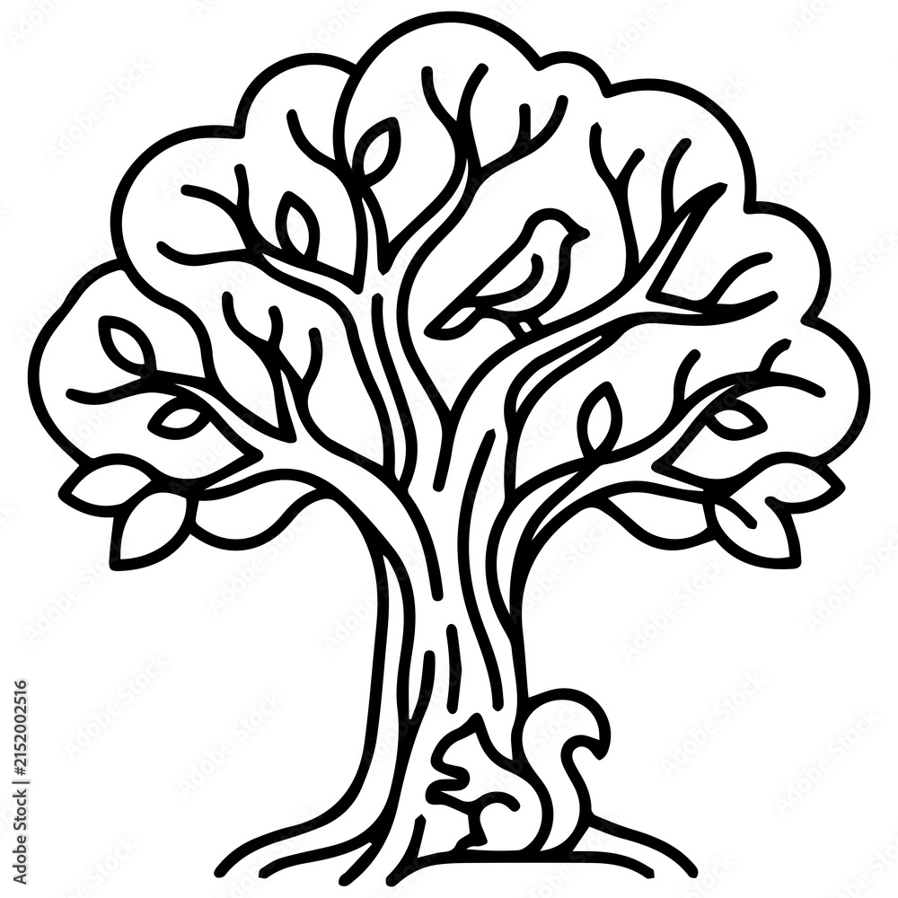 Fototapeta premium Detailed black and white line art of a nature tree with a bird and a squirrel, wildlife