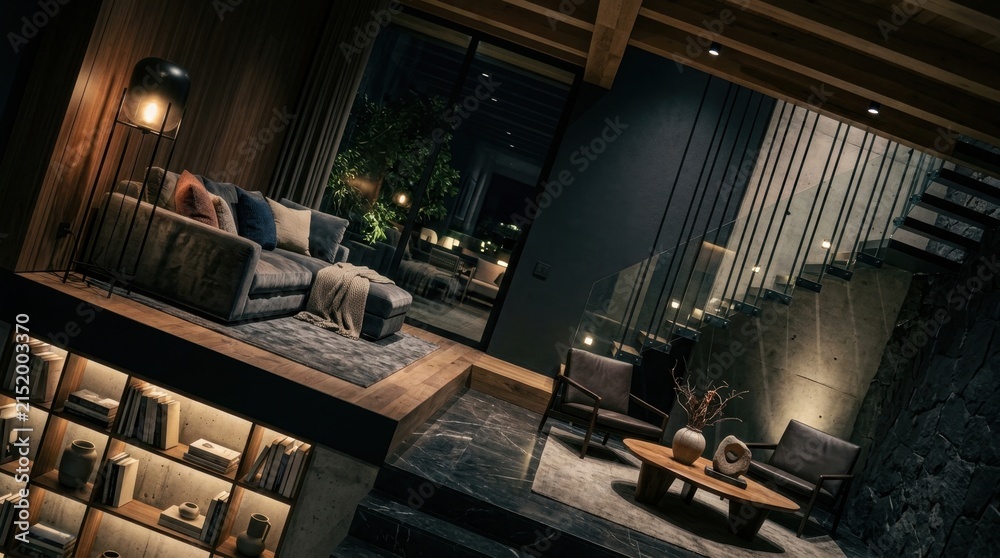 Fototapeta premium Luxurious Modern Living Room Interior with Dark Wood Paneling, Concrete Walls and Elegant Lighting