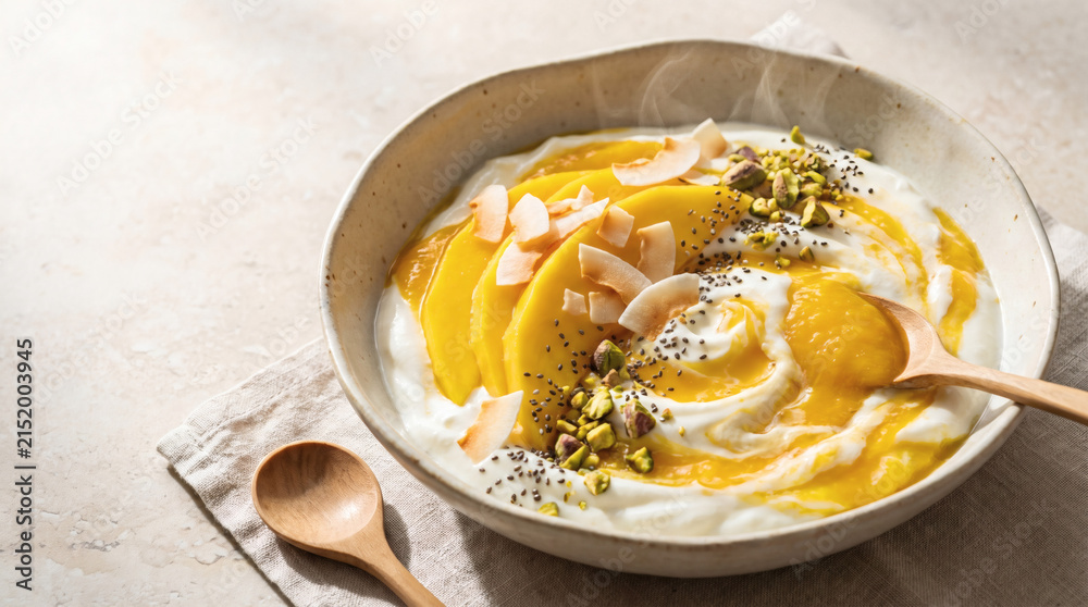 Fototapeta premium Creamy greek yogurt bowl topped with sliced fresh mango coconut flakes pistachios chia seeds and puree served with wooden spoons on a stone surface for healthy breakfast
