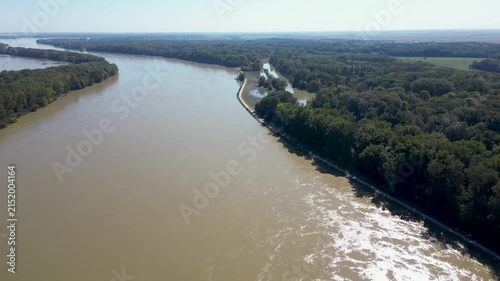 Aerial view of Danube River flooding, natural disaster, drone footage, 4k