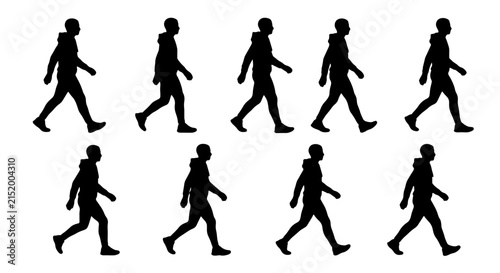 Silhouette Walking Animation Sequence, Human Figure Motion Graphics, Male Character Step Cycle, Black and White Vector Illustration for Web and App Design