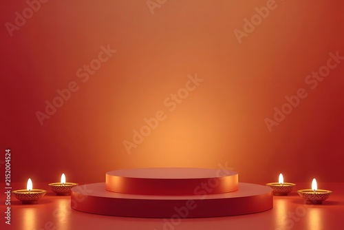Red podium with glowing diyas for celebratory presentation