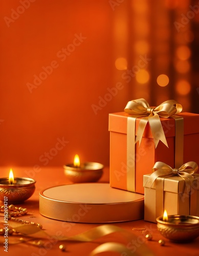 Festive Orange Gift Boxes and Diya Lamps Display Platform
