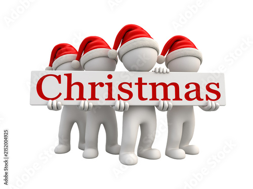 Four white 3D characters in Santa hats holding a long banner with the text Christmas isolated on transparent or white background, png