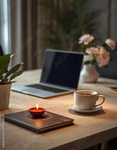  Desk workspace with laptop, coffee, and plant, With a Diya for Diwali decoration