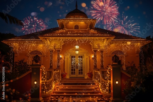 Illuminated Indian Palace Facade with Fireworks Celebration