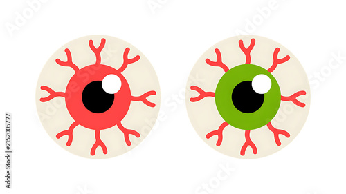 Two eyeballs, one red and one green, with a black pupil and veins spreading out