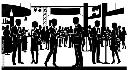 Business Networking Event, Corporate Social Gathering, Professional Mixer, Silhouette Crowd at Conference Hall