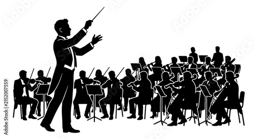 Orchestra Conductor Leading Musicians, Classical Music Ensemble Performance, Symphony Concert Scene, Vector Silhouette Art