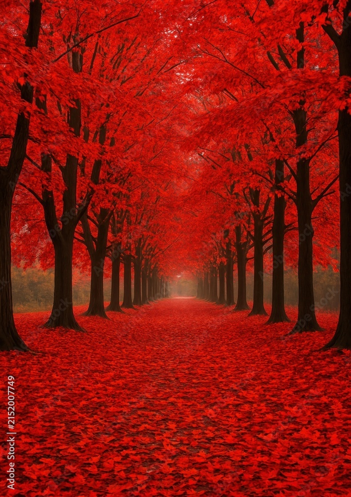 Obraz premium Vibrant red autumn forest path.