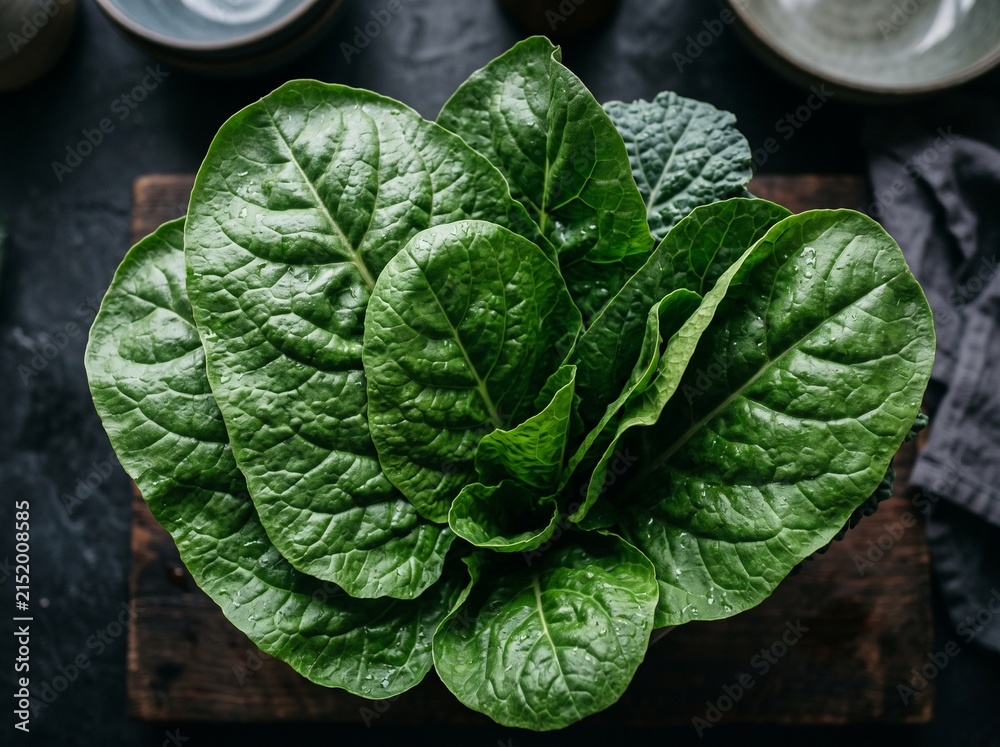 Fototapeta premium Fresh vibrant green spinach leaves with delicate water droplets arranged neatly on a textured dark slate background.