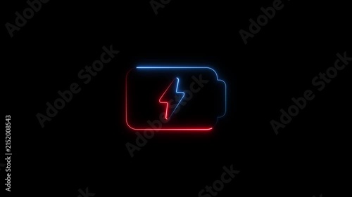 Neon battery charging animation with pulsing blue and red light effect on black background, glowing electricity
