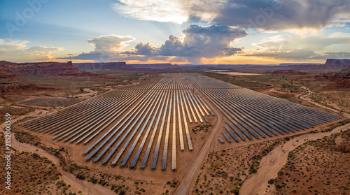 Large Solar Farm in Desert Landscape with Endless Panels Renewable Energy Aerial View