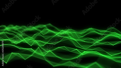 Green wave of particles and lines. Big data visualization. Abstract background with a dynamic wave. 3d rendering.