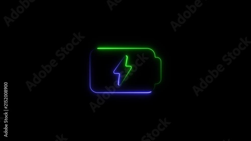 Neon battery charging animation with glowing lightning bolt symbol for tech and energy concepts