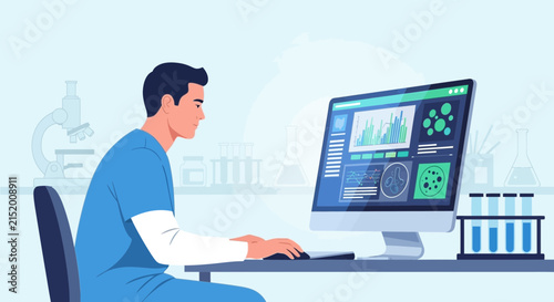 Scientist working on computer in laboratory with research data and equipment