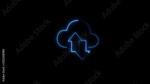 Neon cloud data sync animation: blue glowing upload and download arrows for tech interfaces