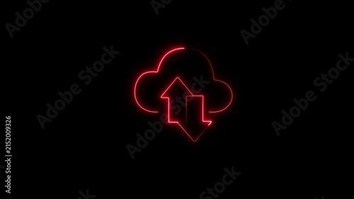 Red neon cloud data sync animation, digital transfer and upload download concept on black background