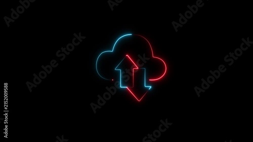 Neon cloud data sync animation, digital upload and download symbol for technology and network connectivity