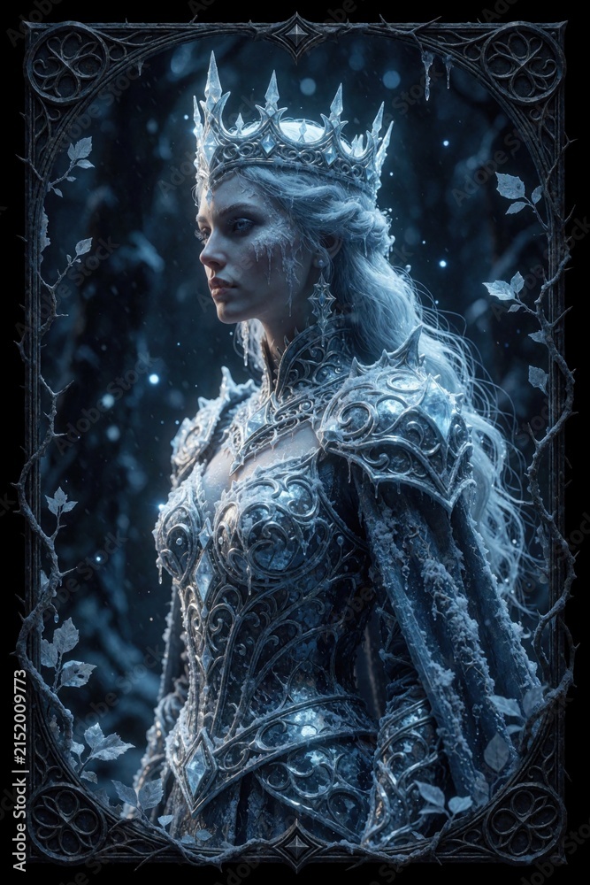 Fototapeta premium Ethereal ice queen wearing silver crown, ornate frozen armor. White hair flows in winter forest. Snowflakes fall around mystical woman in fantasy setting. Cold magical atmosphere with dark blue