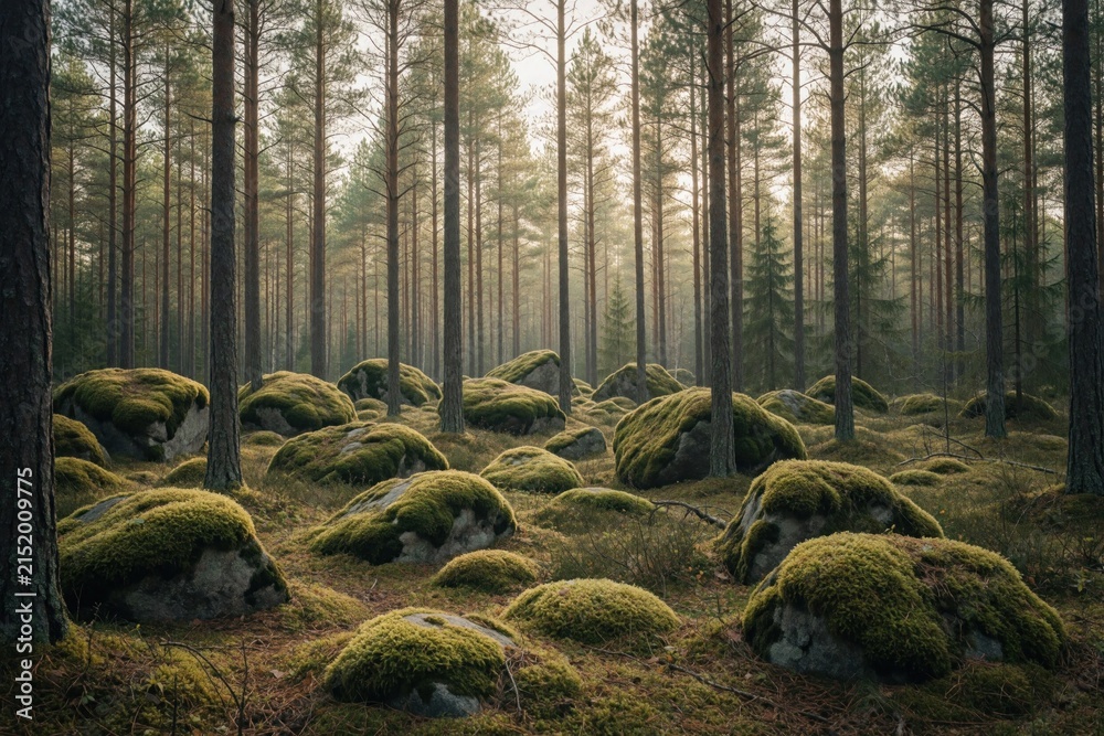 Obraz premium Ancient forest floor carpeted with mossy boulders and tall pine trees. Sunlight filters through canopy creating serene woodland atmosphere. Natural landscape with rough rocks covered in green moss.