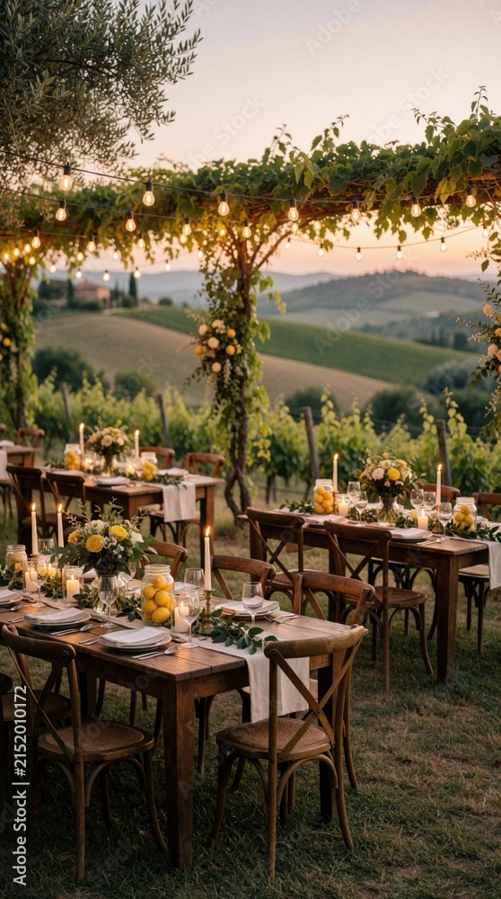 Obraz premium Rustic outdoor wedding reception tables set in Tuscan vineyard at sunset. Wooden furniture, floral decor, string lights, candle lights create warm romantic atmosphere for celebration. Guests await