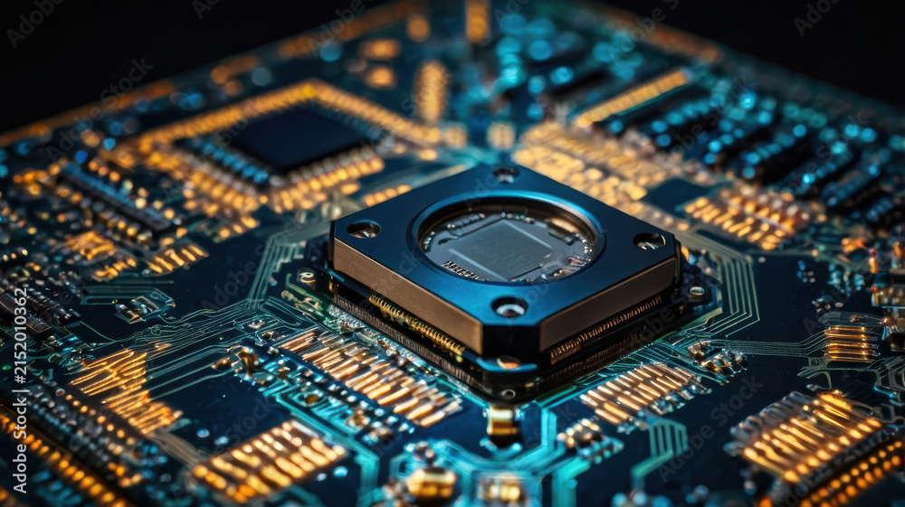 Fototapeta premium Microchip circuit board electronic component glowing circuit blue circuit technology board