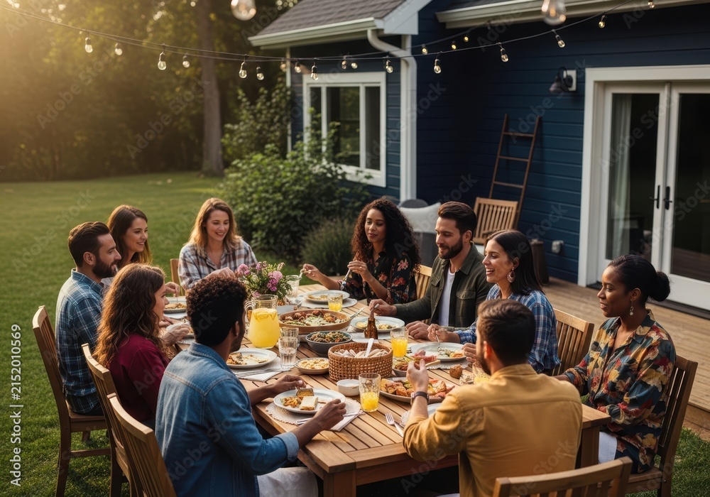 Obraz premium Diverse group of friends enjoying a festive outdoor dinner party at sunset