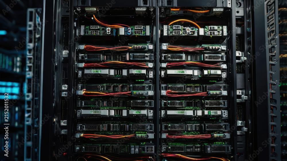 Naklejka premium Enterprise server hardware, data center rack, illuminated cable, close up of server hardware