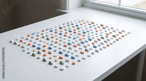 A grid of small, colorful eraser pieces arranged neatly on a white table surface near a window.