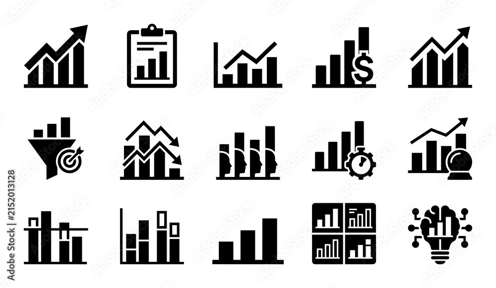 Fototapeta premium Black glyph icons representing business growth finance and data analysis