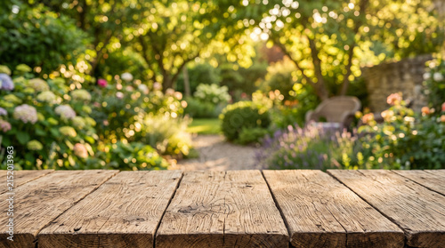 Wooden Table in Beautiful Green Garden with Soft Natural Light