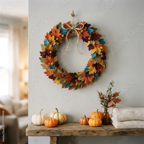 Handcrafted autumn harvest wreath with dried leaves and mini pumpkins on rustic wooden shelf