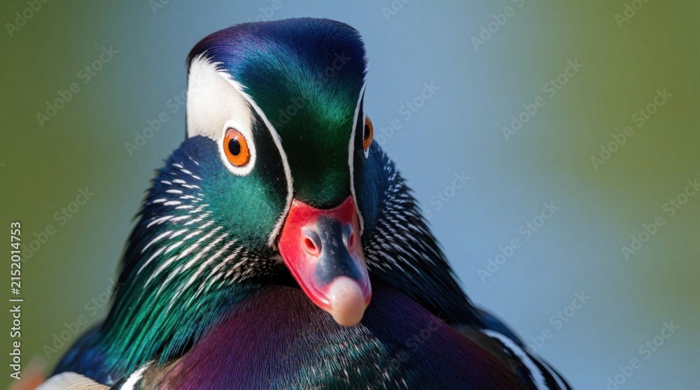 Obraz premium Close up on head of colorful male wood duck. Vibrant plumage, orange eye, red beak. Aquatic bird profile with detailed feathers, natural background soft focus.