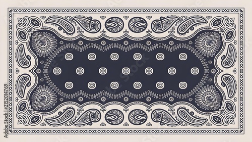 Black and white bandana pattern with traditional paisley and decorative floral motifs