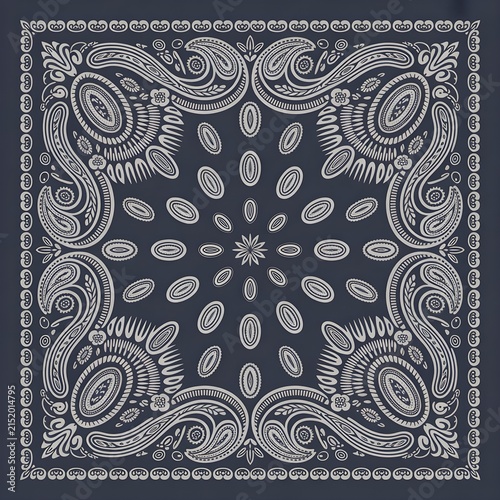 Traditional dark blue and white paisley bandana pattern with intricate vintage textile design elements